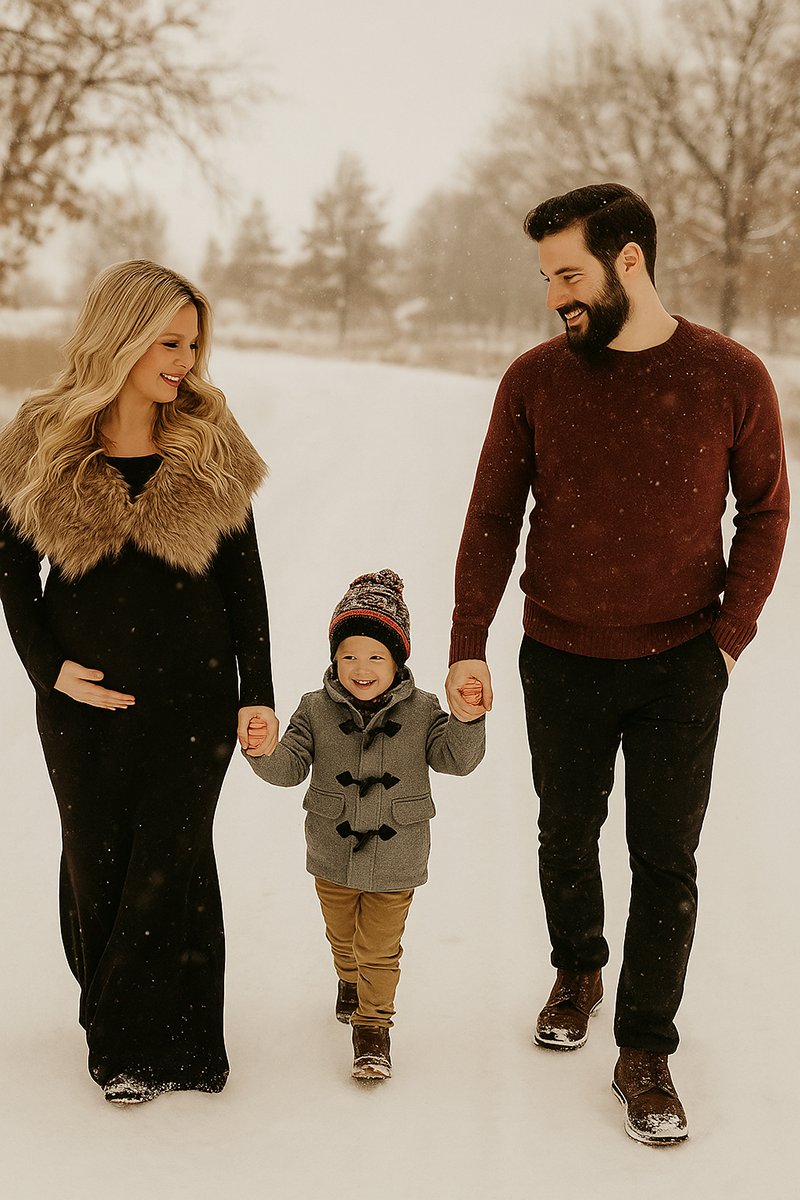Expecting couple and their young child sharing joyful moments together in the snow during a family holiday maternity photo shoot.