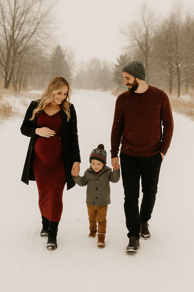 Expecting couple walking in the snow with their young child during a holiday maternity session.