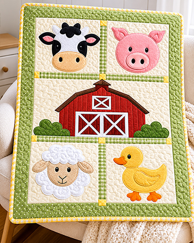 Farm animal baby quilt pattern with cow pig sheep duck and barn applique templates