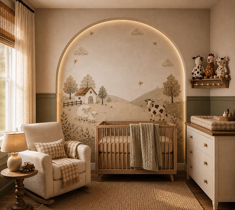 Farm animal nursery decor with rustic wood crib, framed sheep artwork, and cozy farmhouse baby room styling