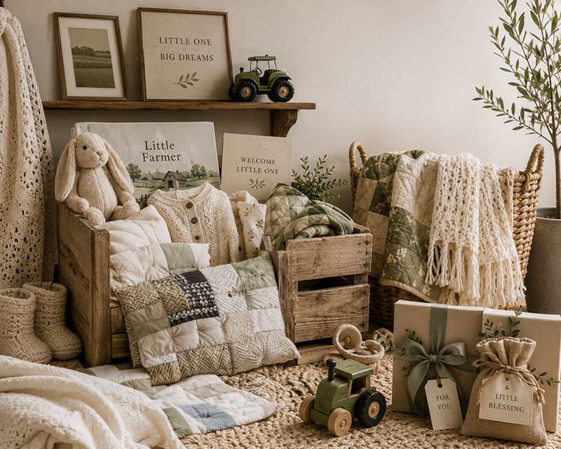 Farm baby gift ideas with farmhouse nursery decor, woven baskets, blankets, and rustic baby room accessories