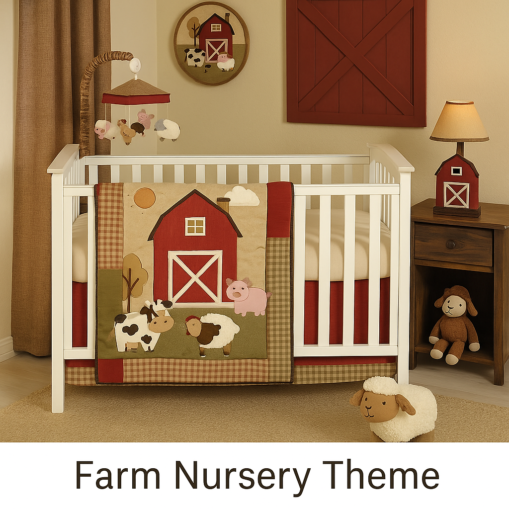 Farm nursery theme with barnyard animals and rustic red accents