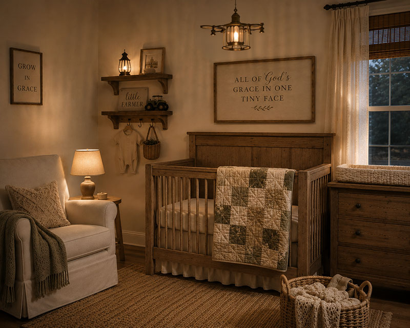 Farmhouse nursery lighting with rustic crib, warm lamp glow, and country nursery decor