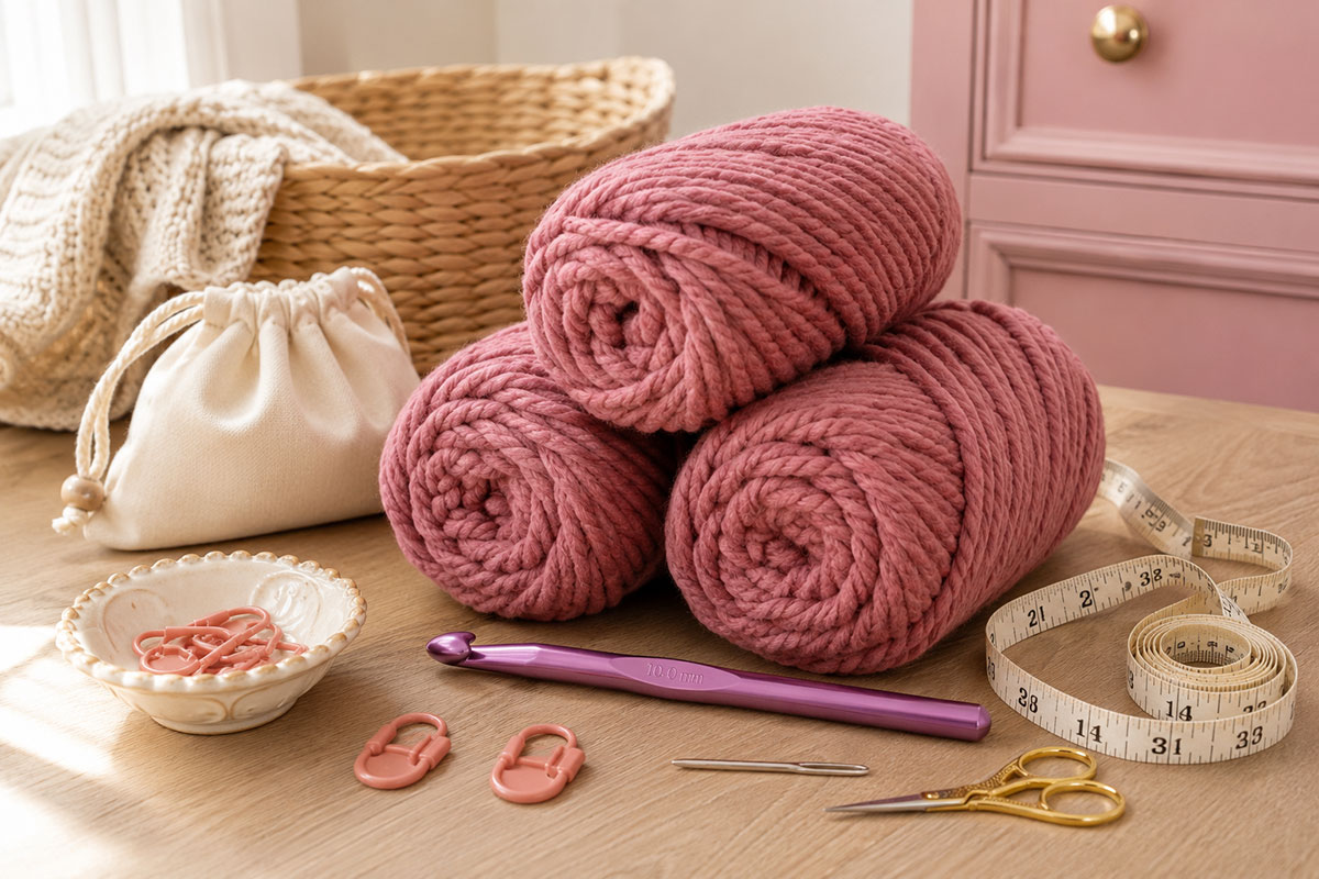 Super bulky yarn, large crochet hook, stitch markers, scissors and measuring tape arranged for the baby blanket pattern