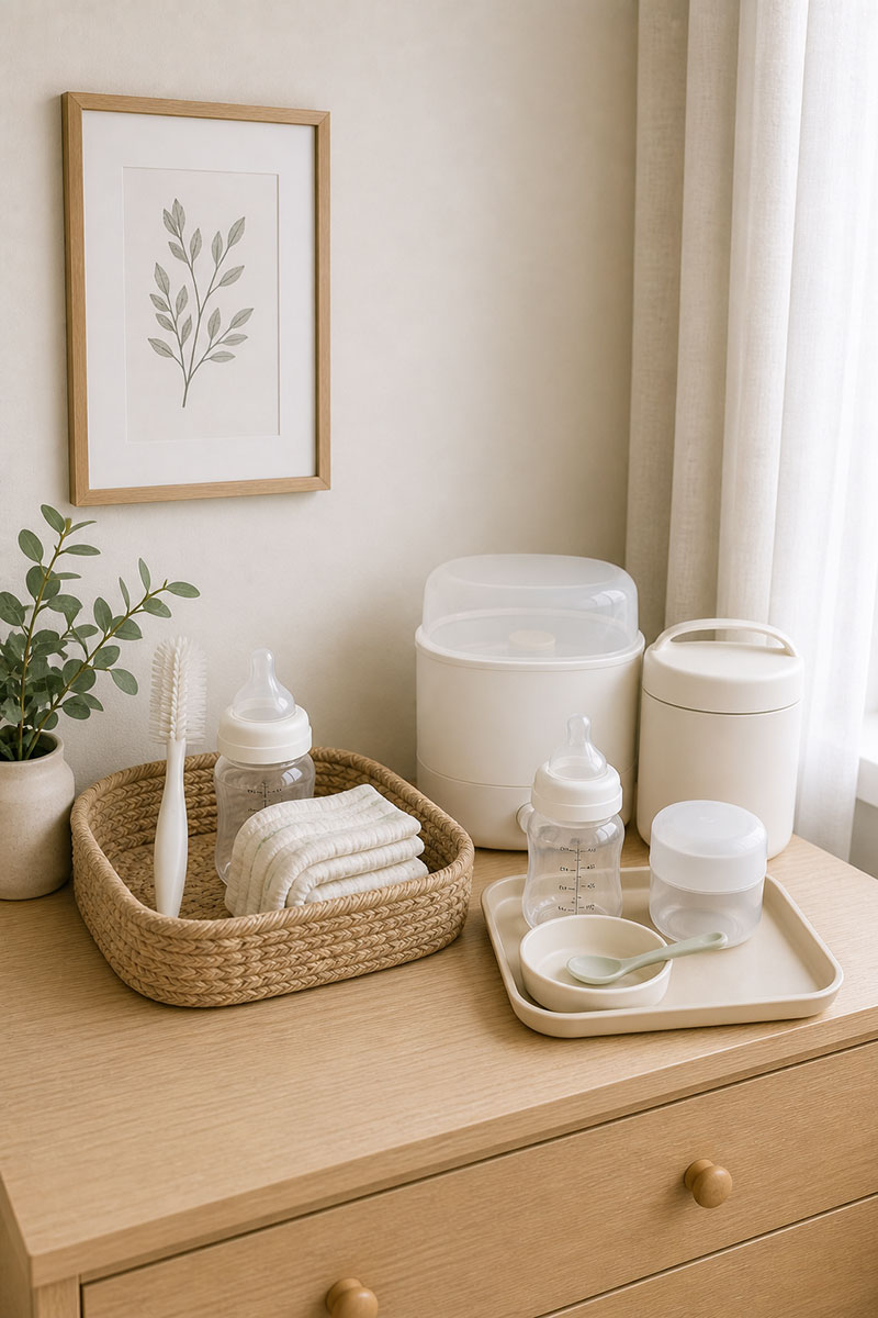 Simple nursery feeding corner with chair and basic feeding supplies