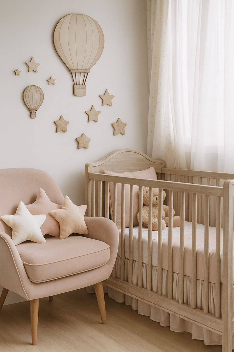 Soft and feminine baby girl nursery with light pickled wood crib, hot air balloon wall art, and plush star accents
