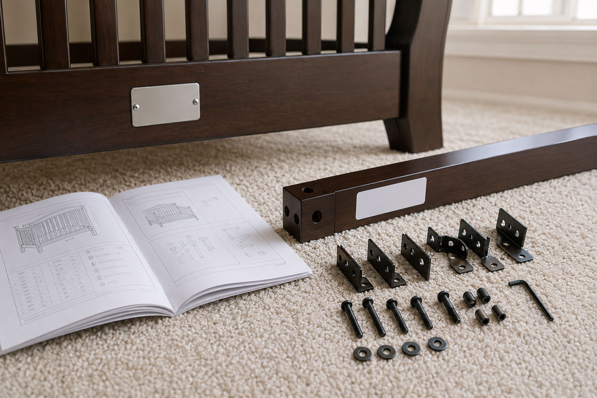 Crib identification plate beside an open manual, tagged conversion rail, brackets, bolts, and matching hardware