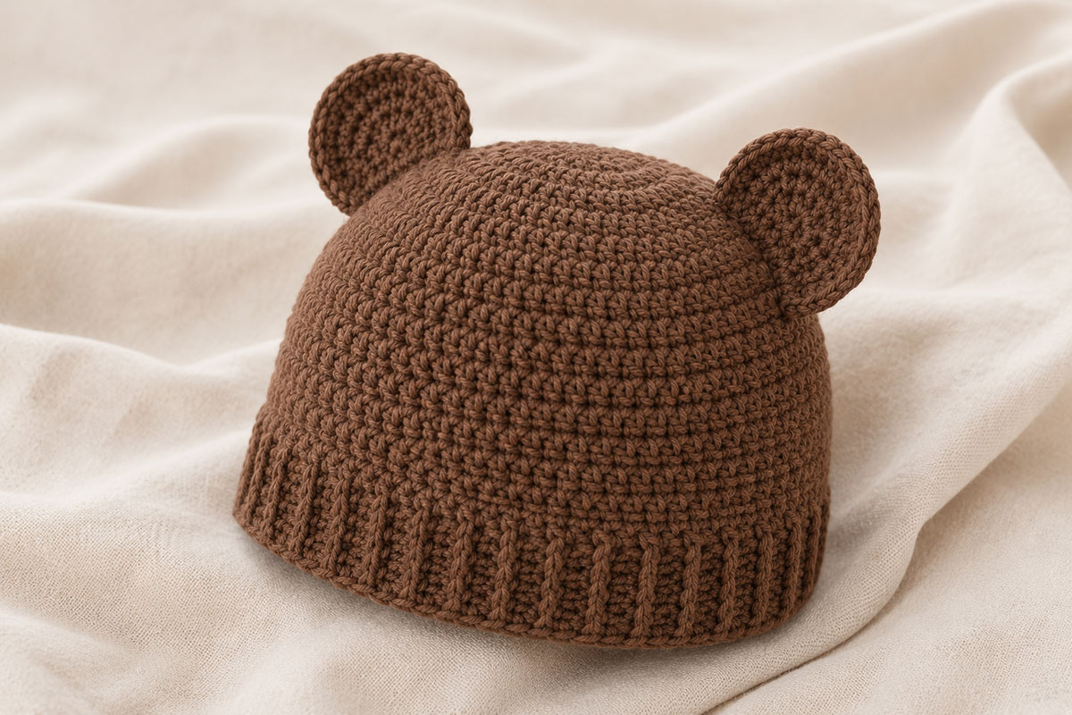 Finished brown crochet baby bear hat viewed from a three-quarter angle showing rounded ears smooth crown and ribbed lower edge