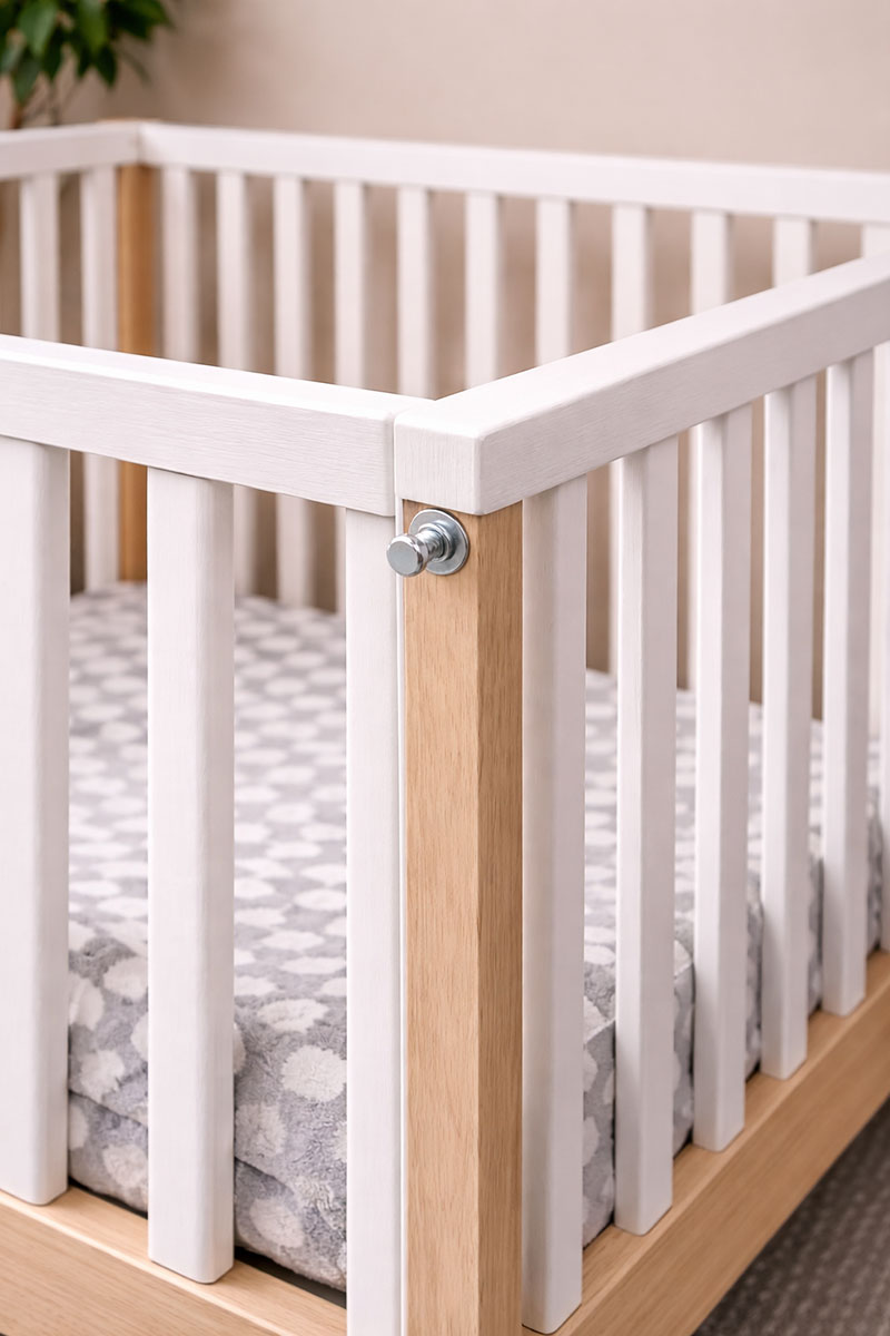 Finished crib after hardware replacement showing stable frame and secure rails