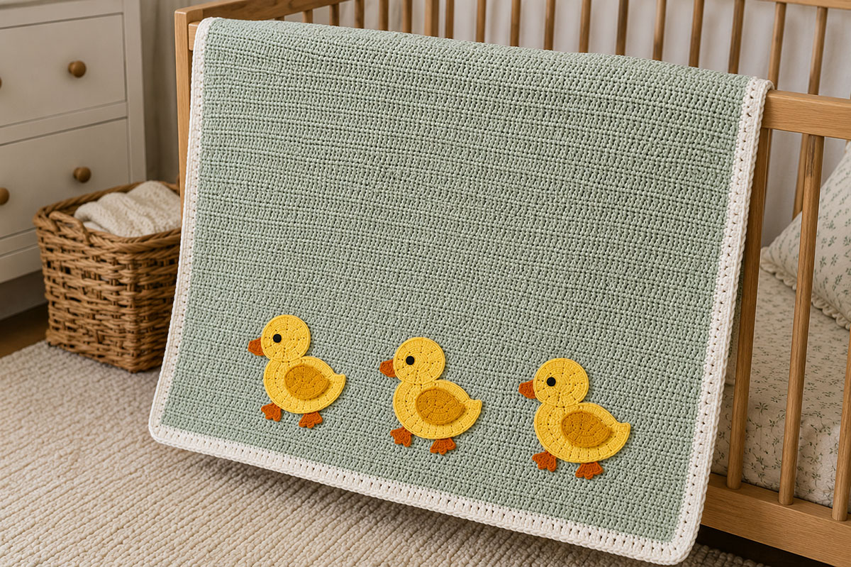 Finished sage crochet baby blanket with three yellow duck appliques along the lower edge and a narrow white border
