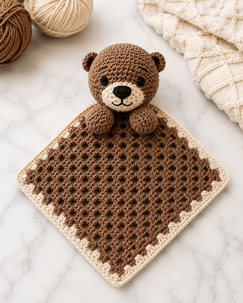 Finished crochet otter lovey pattern with embroidered face and blanket body