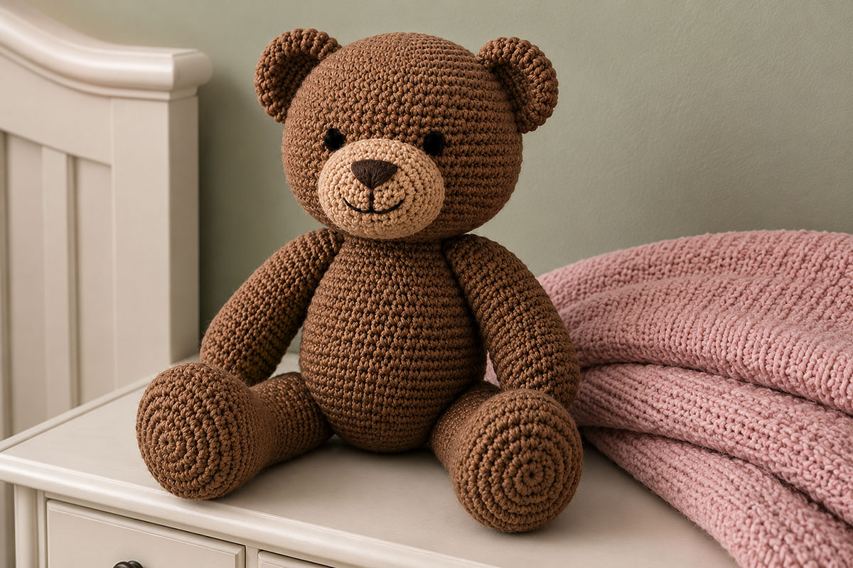 Finished classic brown crochet teddy bear seated with rounded ears tan muzzle embroidered face and large rounded paws