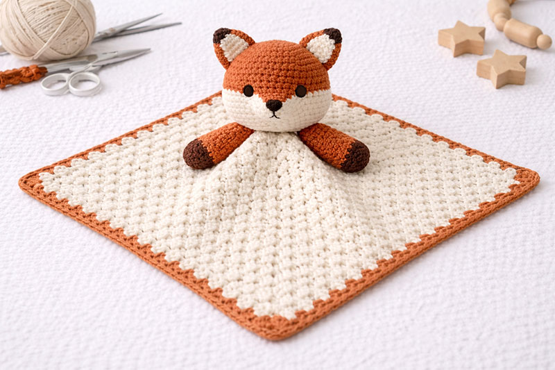 Finished fox crochet lovey laid flat showing square blanket and centered fox head