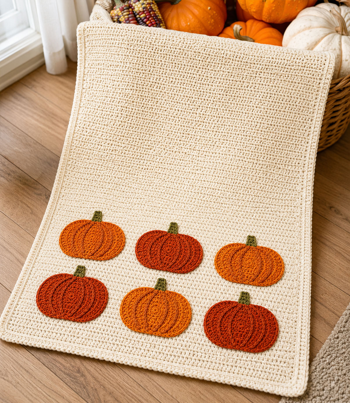 Finished cream pumpkin crochet baby blanket folded neatly on a simple wooden nursery bench