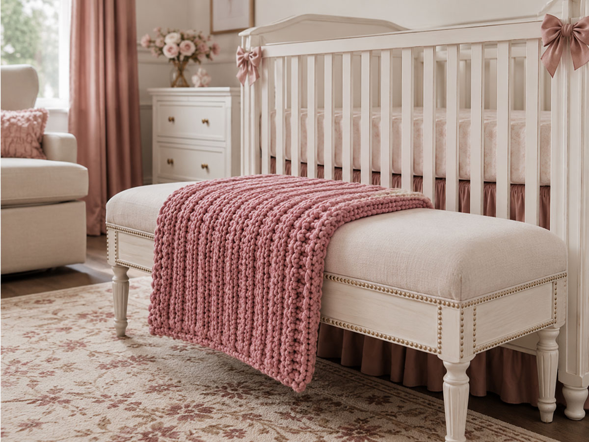 Finished ribbed chunky baby blanket neatly folded on an upholstered nursery bench in natural daylight