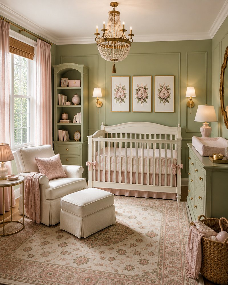 Finished sage green girl nursery with coordinated furniture, wall decor and crib