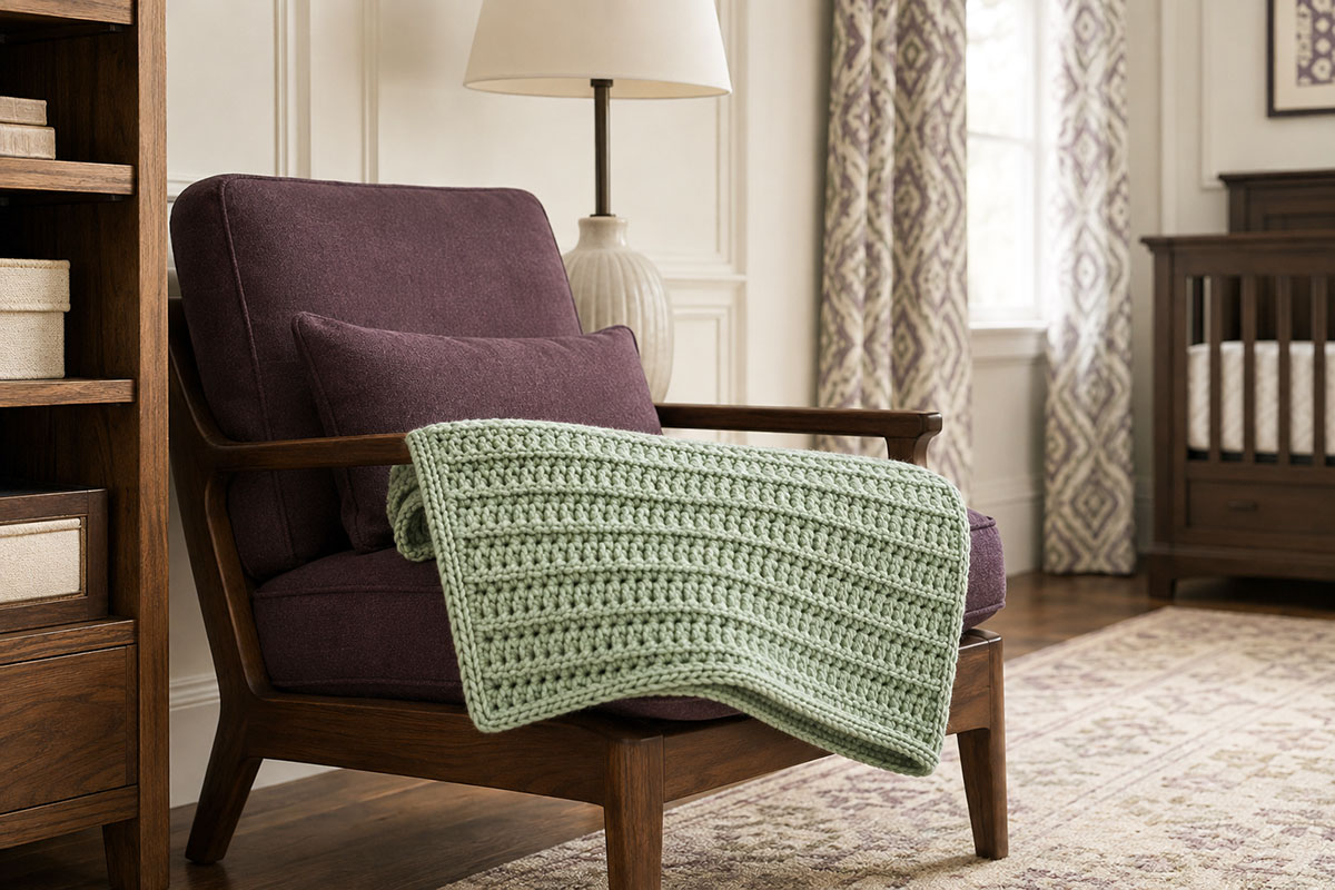 Finished simple chunky crochet blanket folded to show its even stitches and neat single crochet border