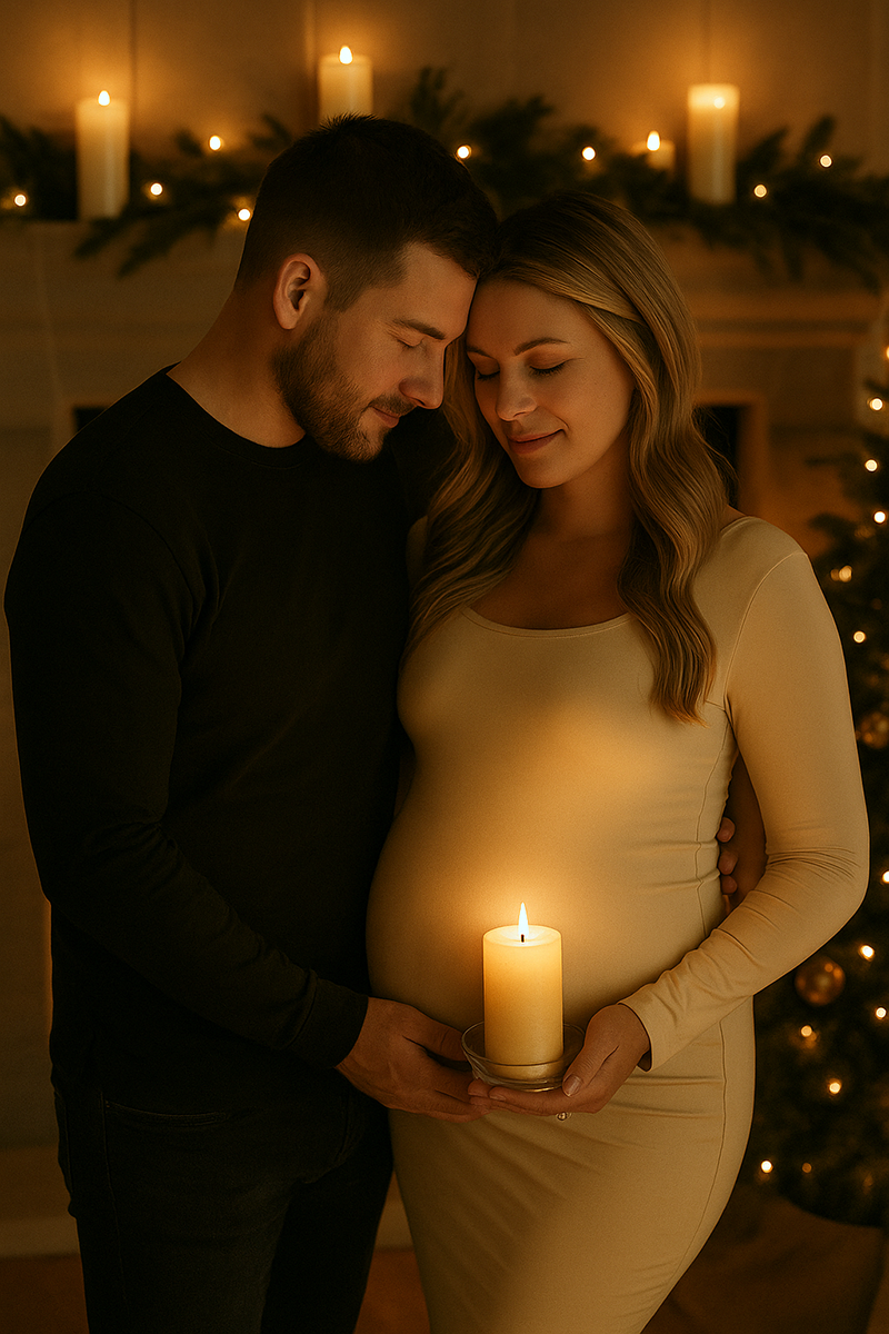 Couple sharing a candlelit moment near the fireplace during a holiday maternity photo shoot.