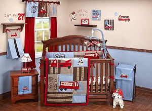 Vintage red baby fire truck nursery crib bedding set with dalmation puppy