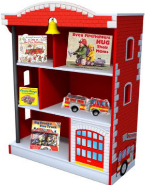 Firetruck bookshelf books display ideas in a baby fireman nursery theme room
