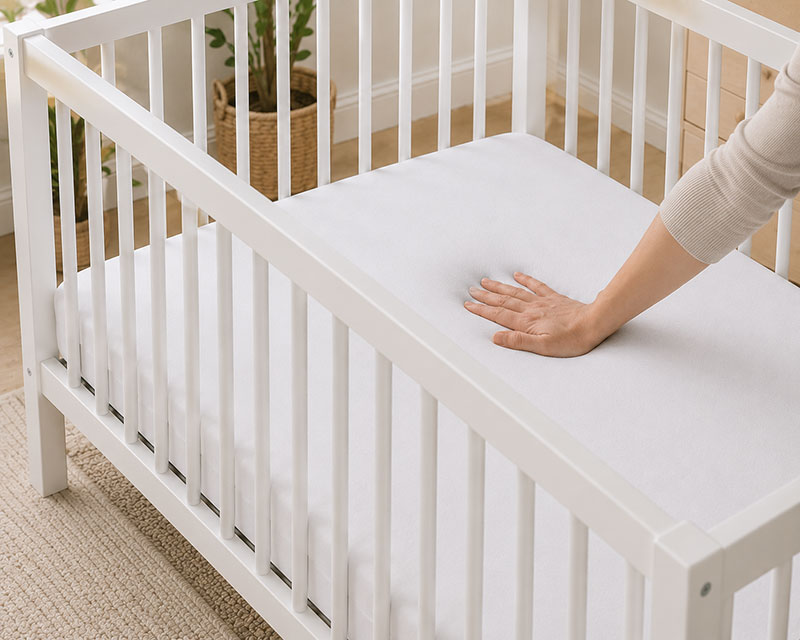 Hand pressing into a firm crib mattress to show surface response
