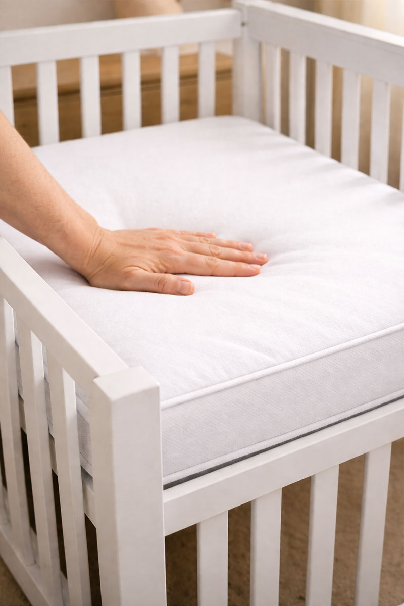 Hand pressing down on a firm crib mattress showing minimal surface indentation