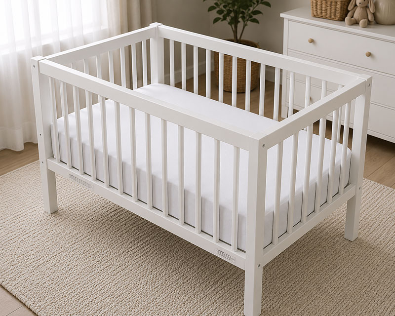 firm mini crib mattress with flat surface and fitted sheet in a clean nursery setup