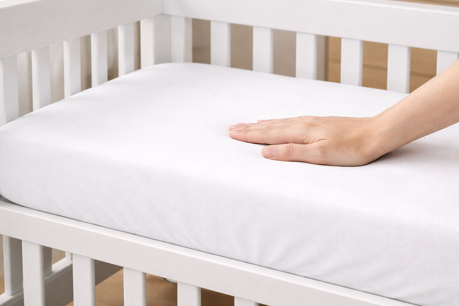 firm mini crib mattress with flat surface and fitted sheet in a clean nursery setup