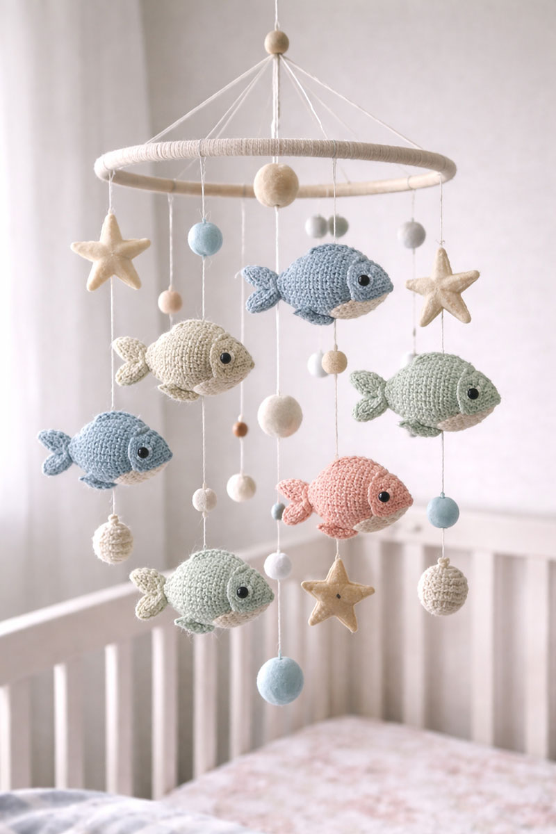 Fish crib mobile with layered ocean shapes in a modern nursery