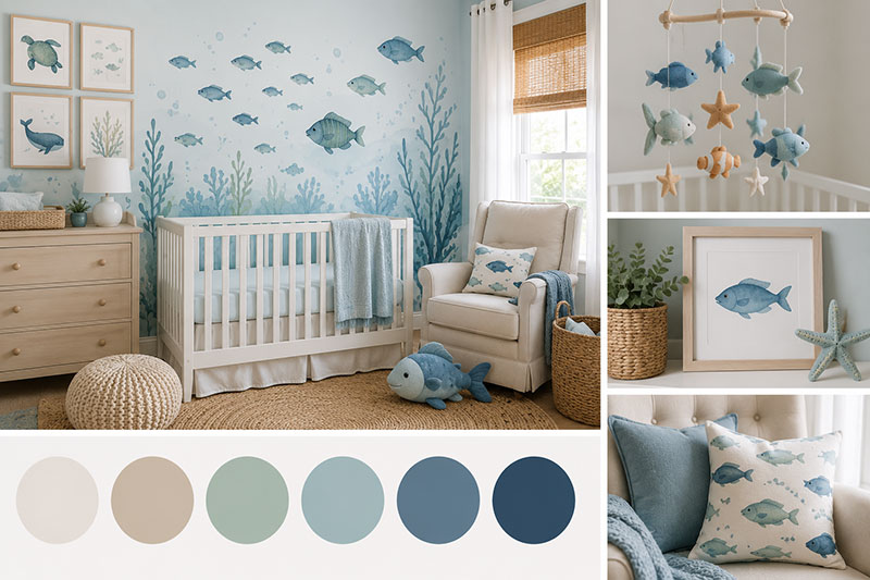 fish theme nursery colors with fish bedding and nursery decor