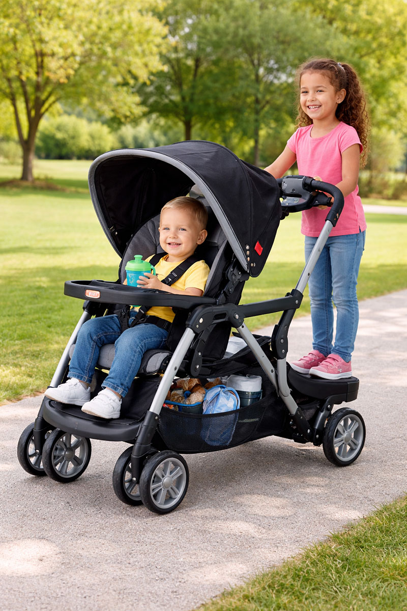 Fisher-Price sit and stand stroller with seated child and standing rider platform
