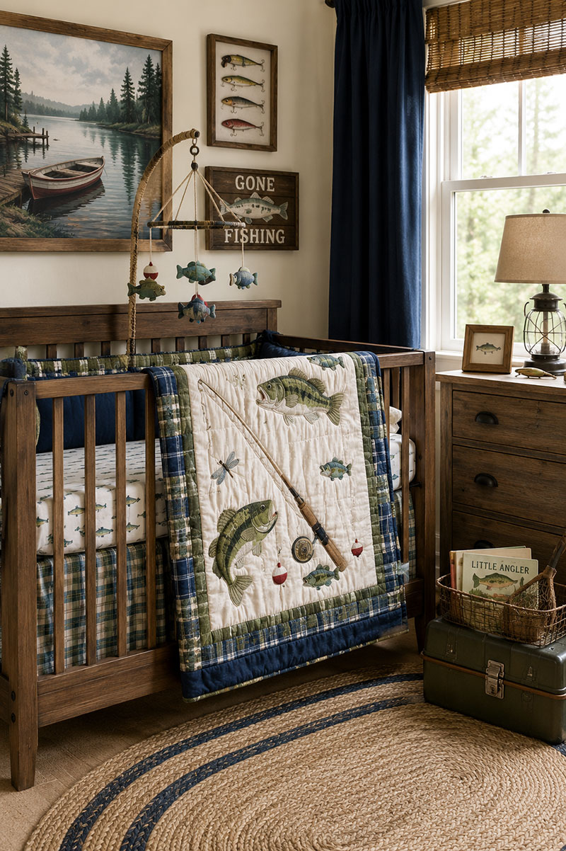 fishing nursery decor with fish wall art and nursery bedding