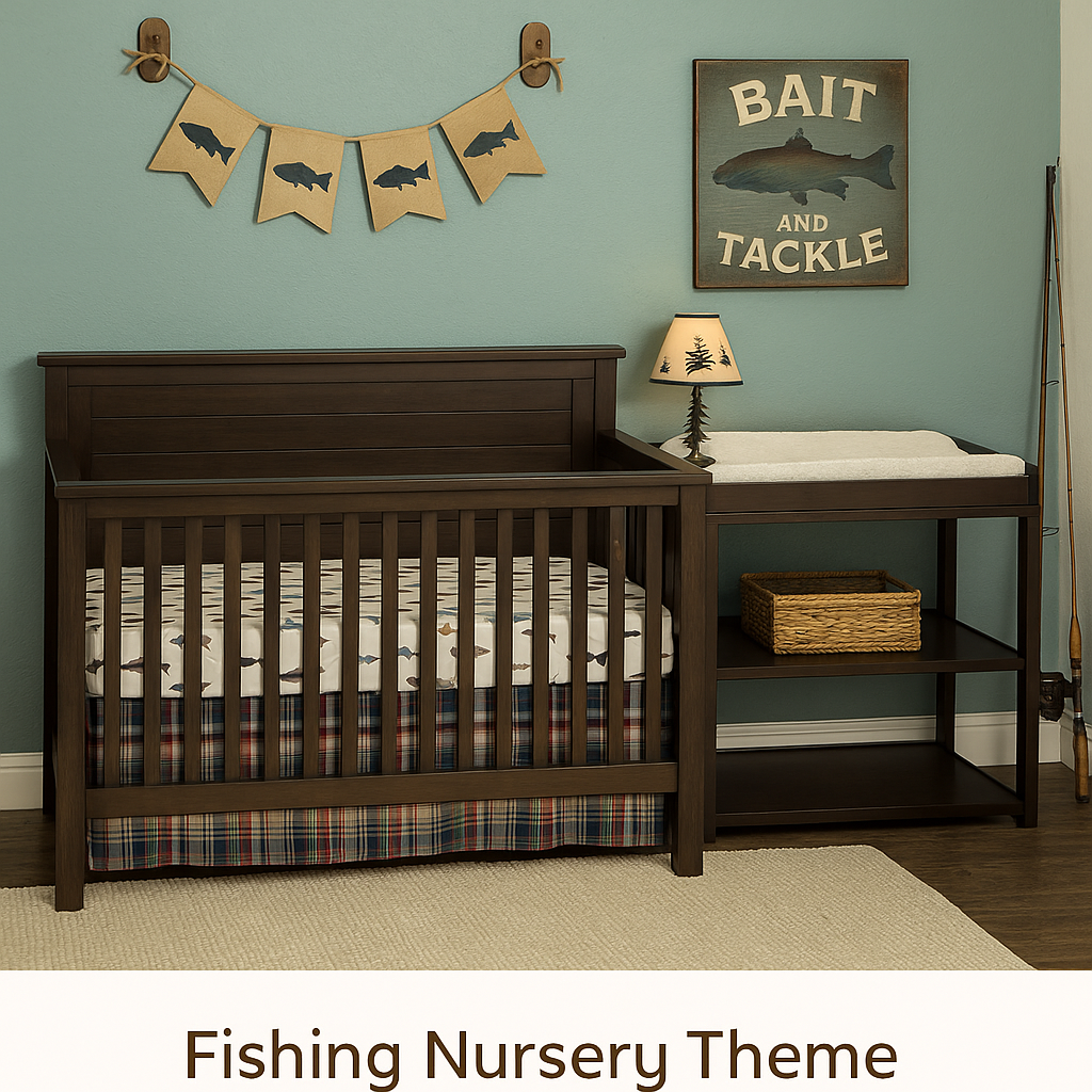 Fishing theme nursery for baby boy with rustic lake cabin decor