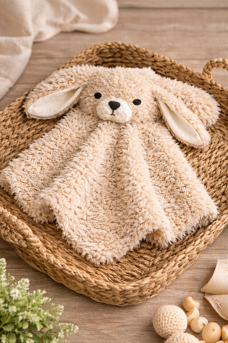 Flat faux-fur crochet bunny lovey shaped like a security blanket with floppy ears and embroidered face