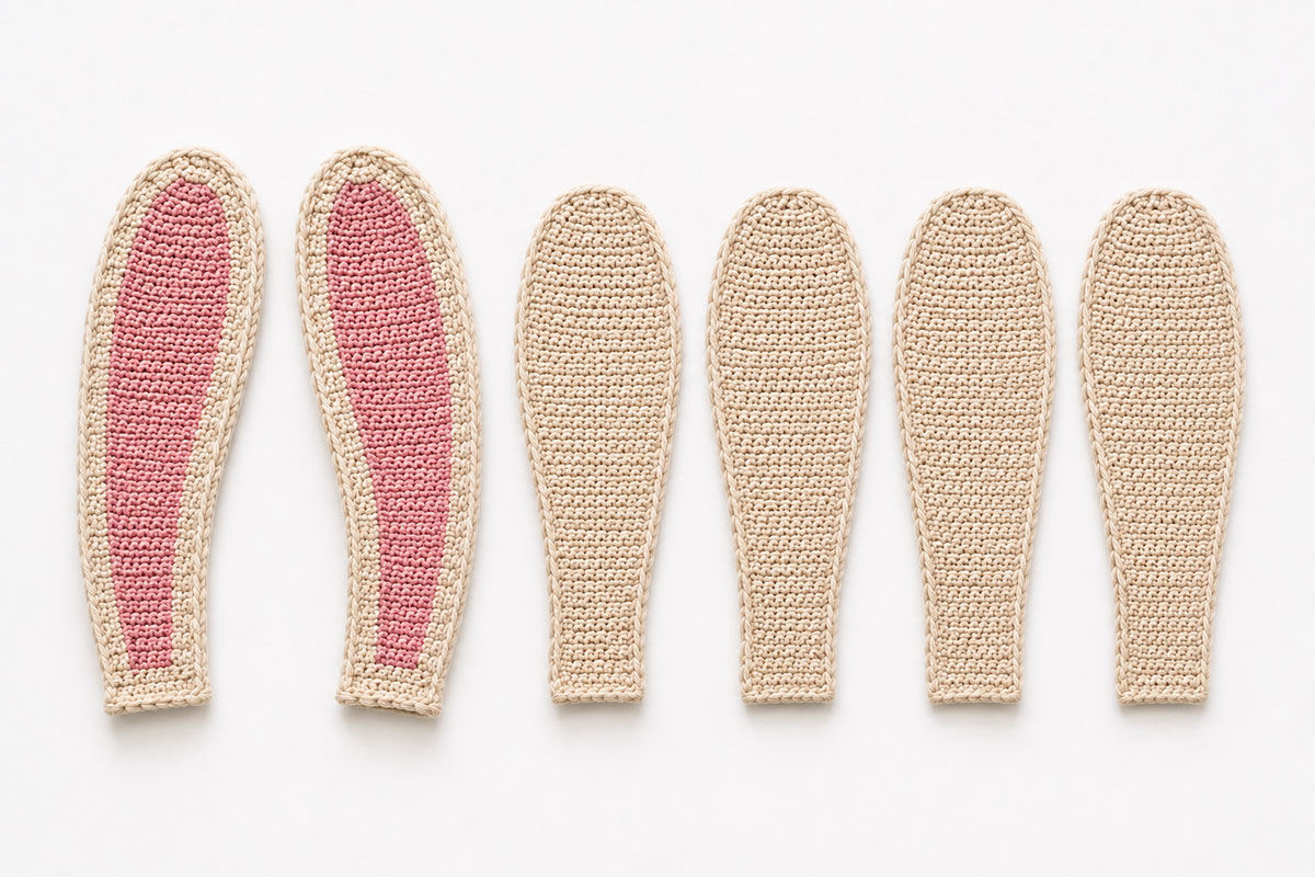 Long floppy crochet bunny ears with matching flat panels showing the rounded tips narrow bases and doubled construction