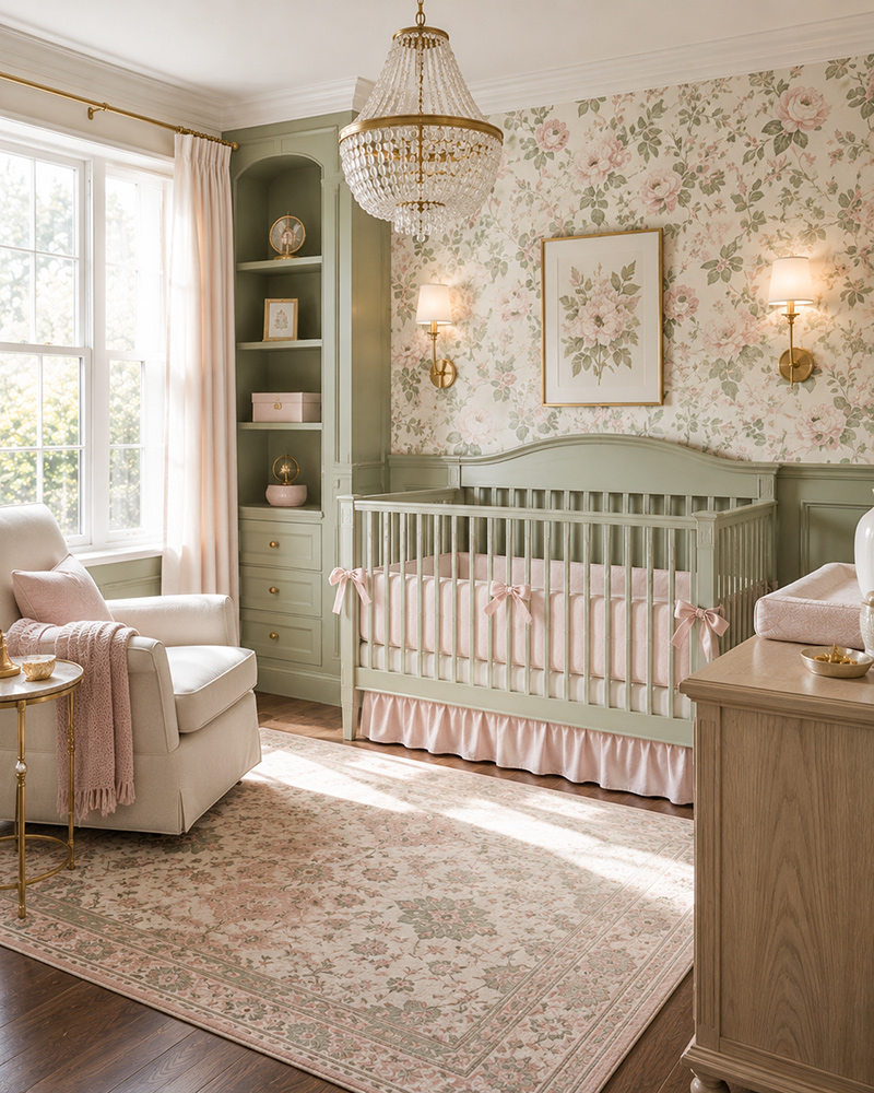 Floral sage green nursery for a baby girl with wallpaper accent wall and white crib