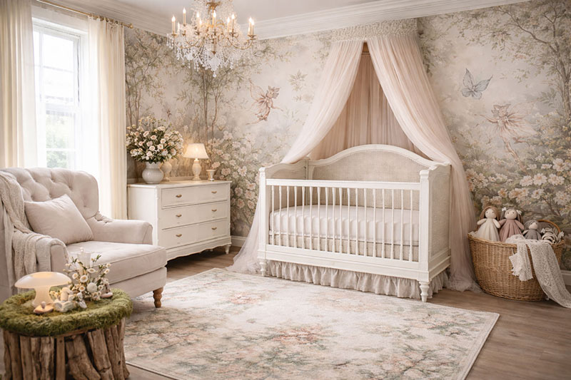 High-end flower fairy woodland nursery with hand-painted fairy mural, neutral crib, soft woodland textures, and feminine decor