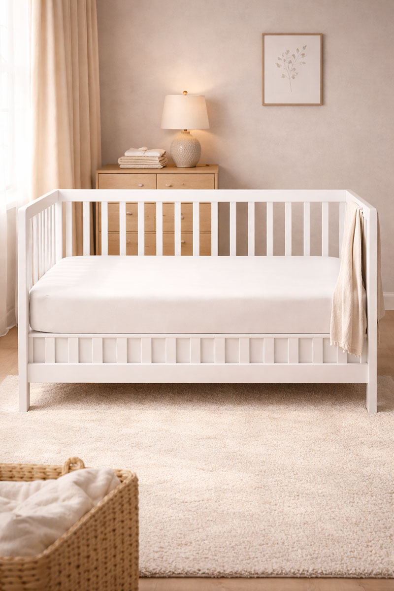 Foam crib mattress inside a modern crib in a clean nursery
