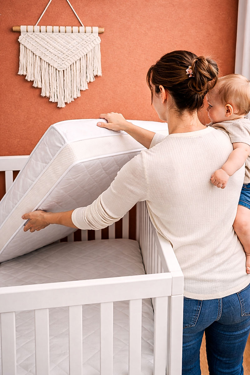 Lightweight foam crib mattress being lifted easily from crib