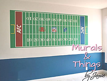 Custom painted football stadium sports nursery wall mural for a baby boy or girl