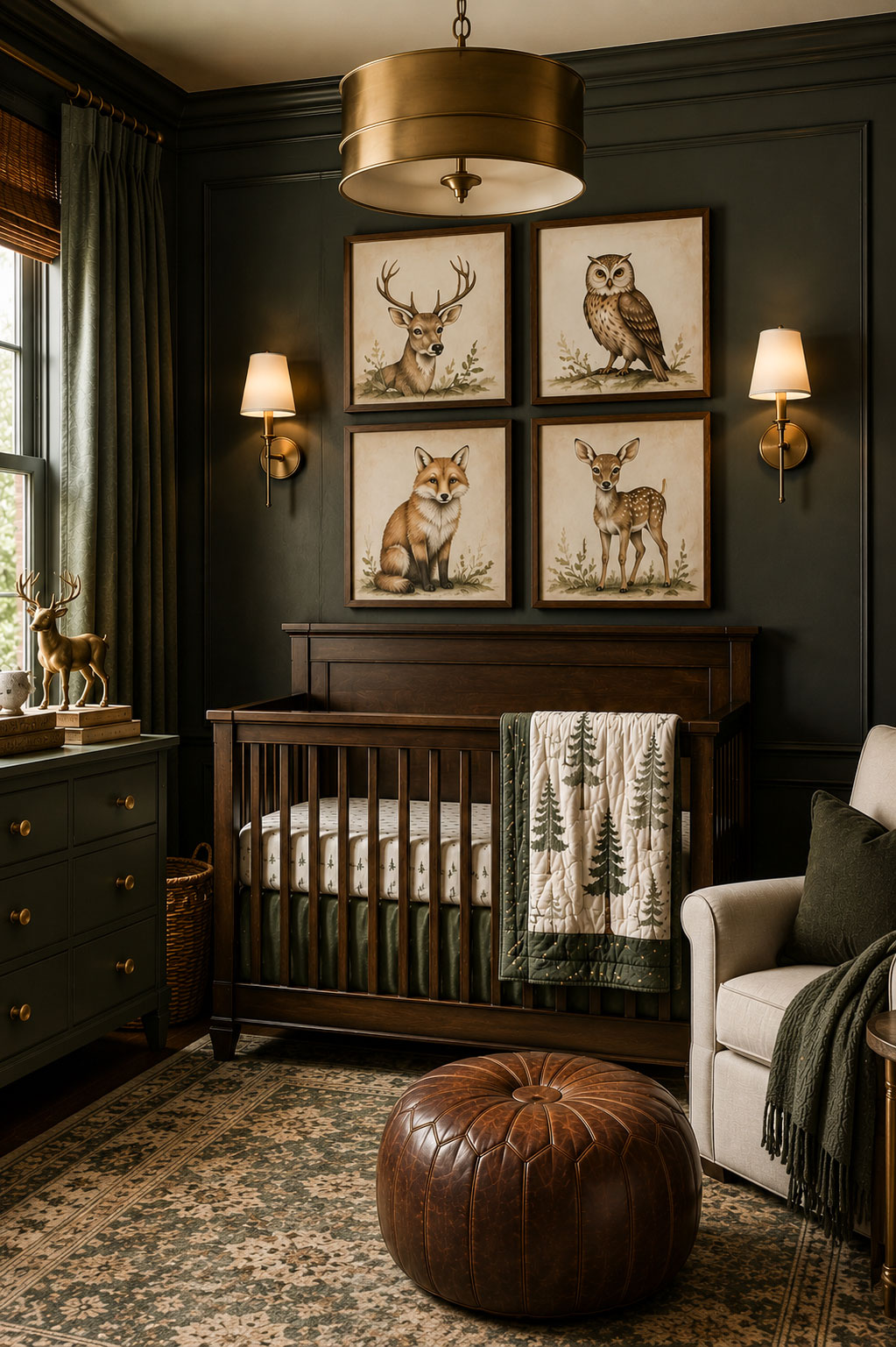 Forest animal nursery with deer wall art and woodland nursery decor