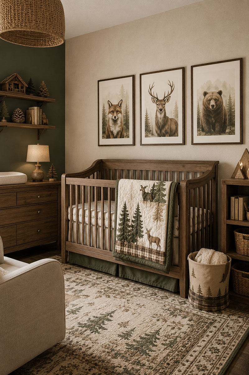 Forest animal woodland nursery decor with framed fox and deer artwork