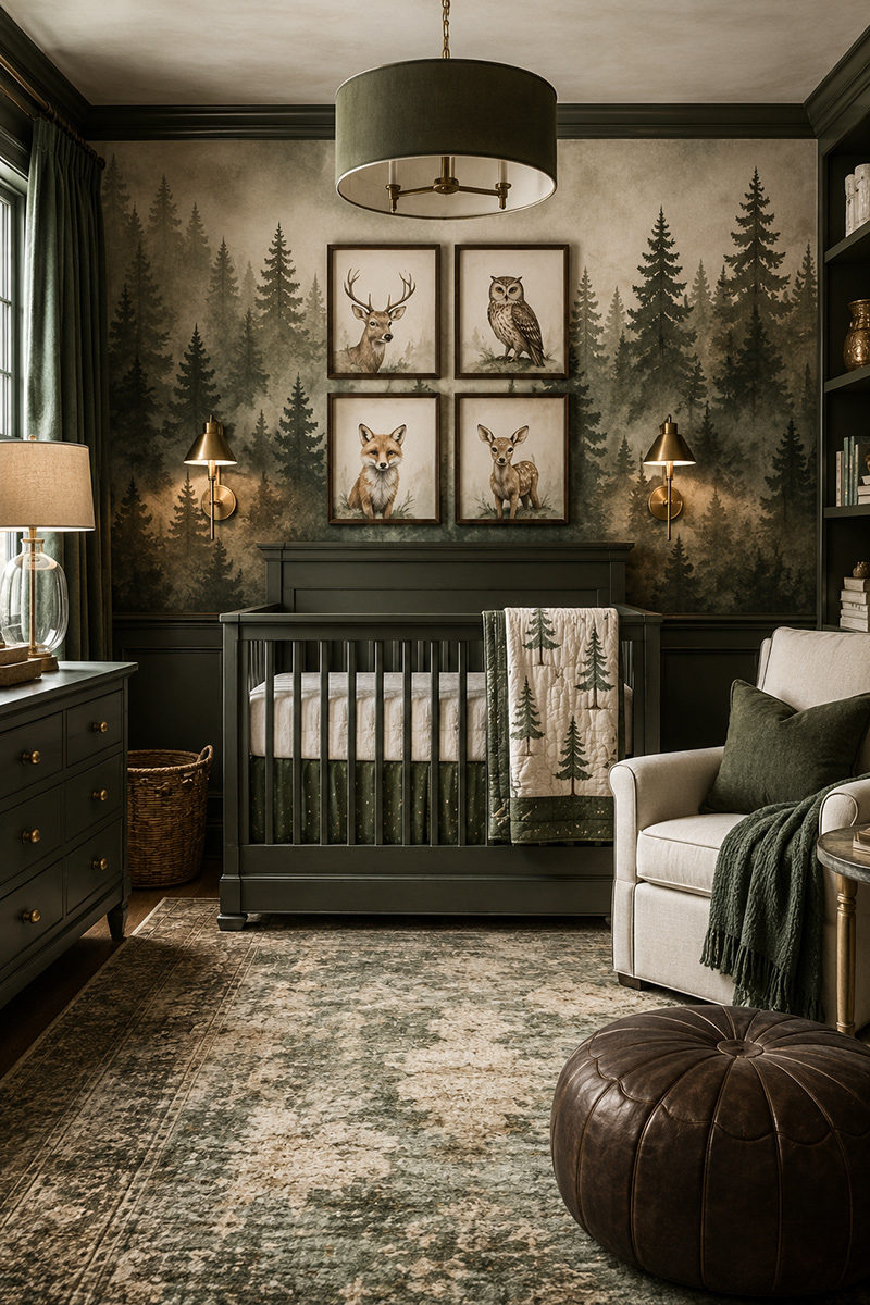 Forest friends nursery with woodland animals, crib, and layered nursery decor