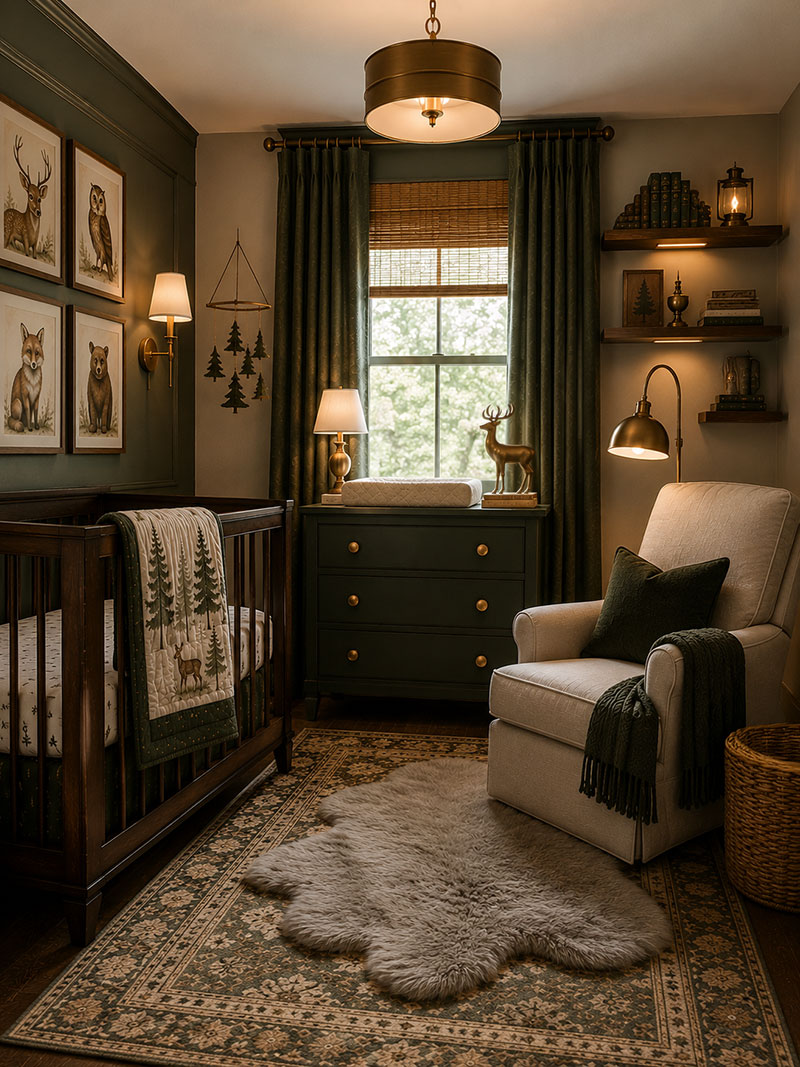 Small forest friends nursery layout with woodland wallpaper and crib