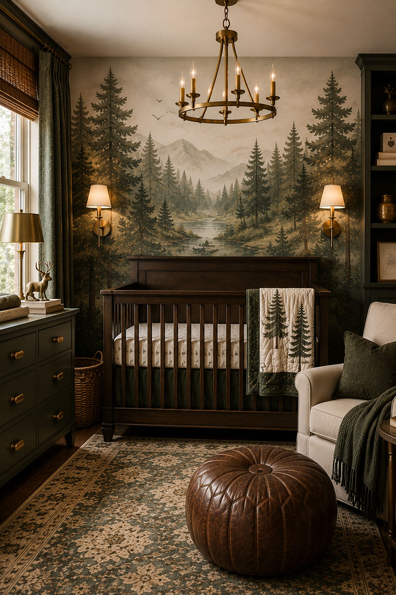 Forest mural behind crib in a woodland baby nursery