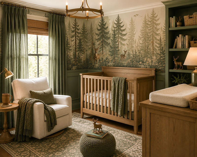 forest mural wallpaper in sage green woodland nursery