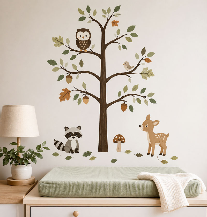 Woodland nursery wall decals featuring deer, fox, owl, trees, leaves and forest animals