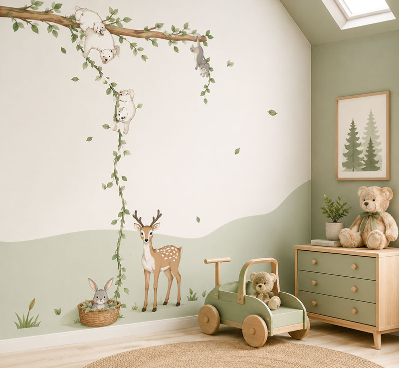 Colorful woodland animal wall decals with deer, bear, squirrel and owl