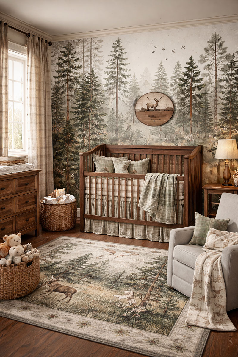 Woodland nursery wall mural with deer and forest animals in soft neutral tones in a baby boy hunting theme room