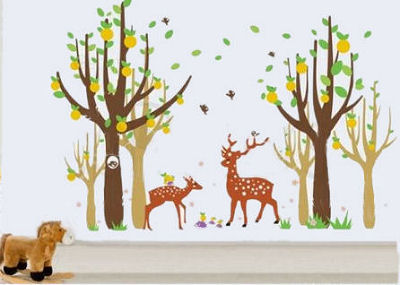 Forest baby nursery wall mural designed using deer wall decals including a forest filled with trees a buck and doe deer and friends